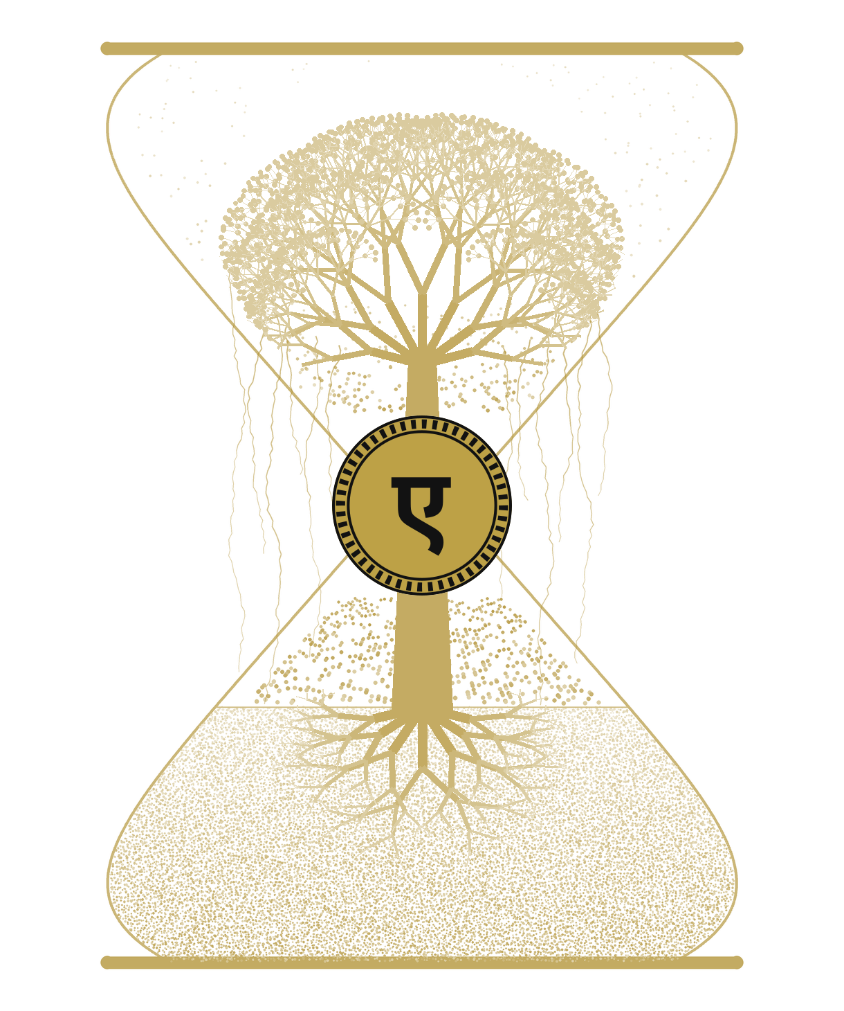 The Aevum badge — a banyan growing inside an inverted hourglass: earth and roots below, a wide canopy above, and the minted coin sealing the waist between them, where sand rises from the land and becomes leaves.